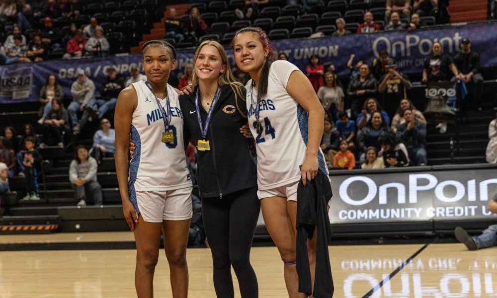 JB Robinson (far right) and Danaeja Romero-Ah Sam (far right) of Springfield pitcured with fellow All-tournament 1st-teamer Sage Winslow of Crater. Photo by Bob Williams