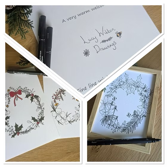 Fine line winter botanical drawing