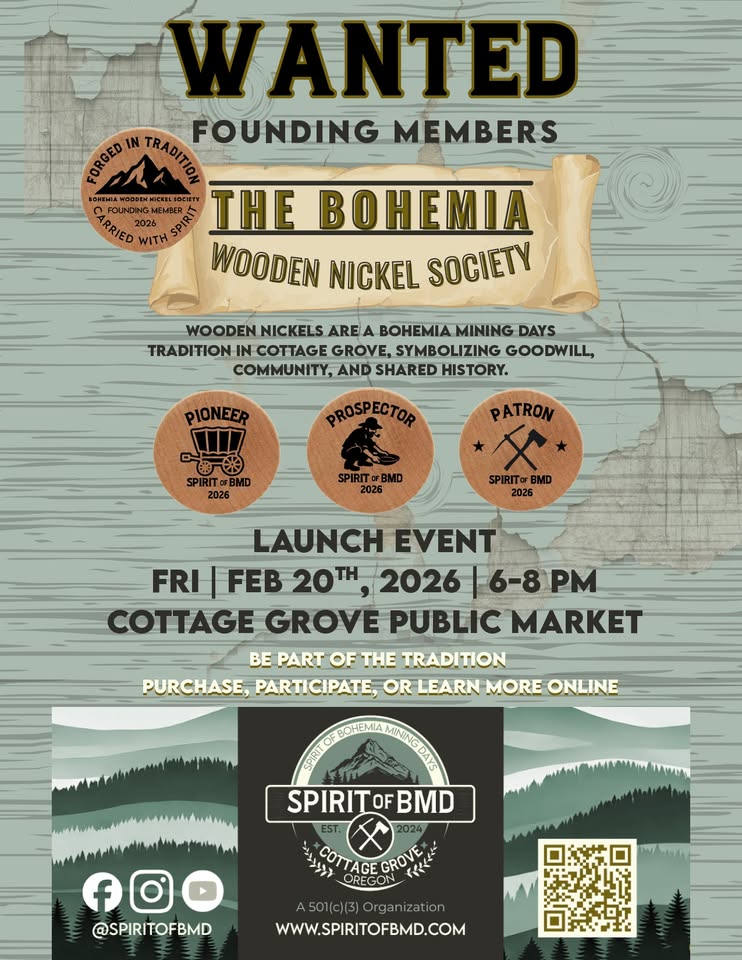 The Bohemia Wooden Nickel Society | Launch Event | Cottage Grove Public Market | FEBRUARY 20th, 2026